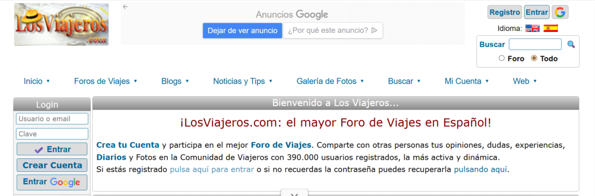 Interfaz de la web de Los Viajeros para buscar información sobre viajes
