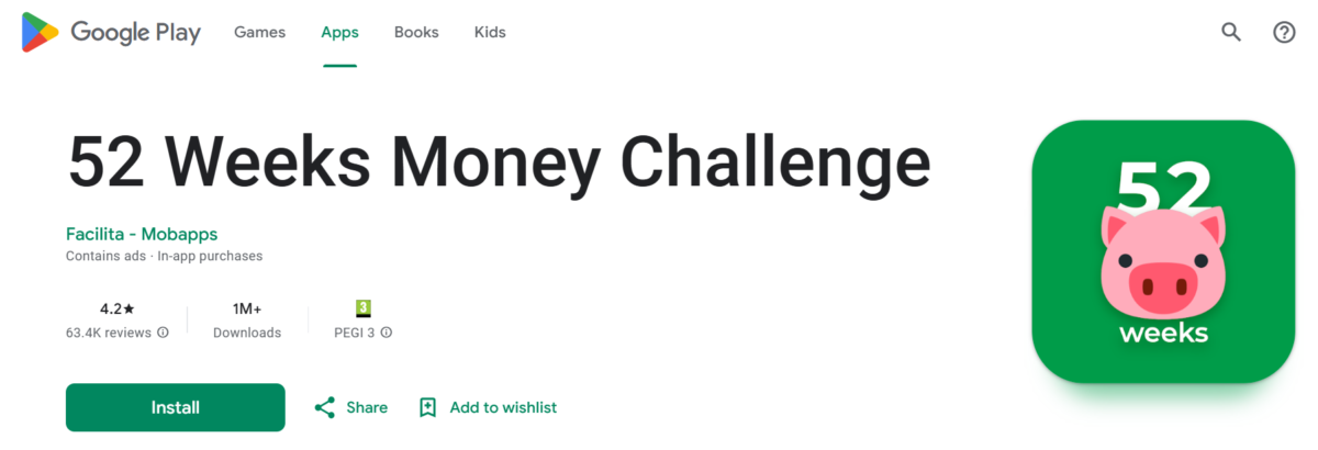 captura de pantalla que refleja la aplicación 52 Weeks Money Challenge