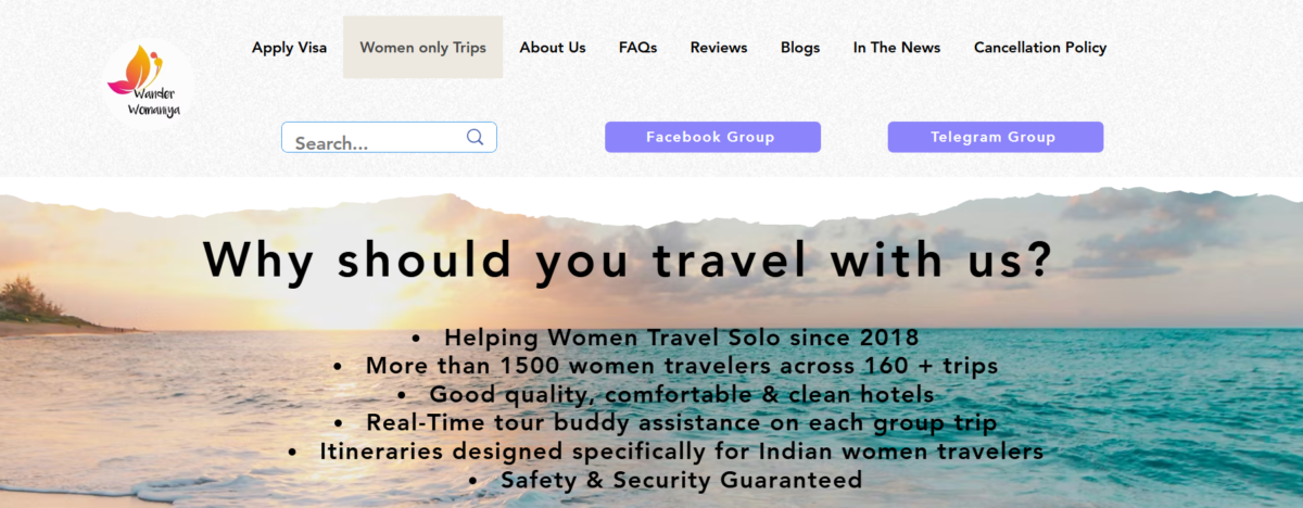imagen pagina web de Wander Womaniya para reservar tour y experiencias de viaje para mujeres