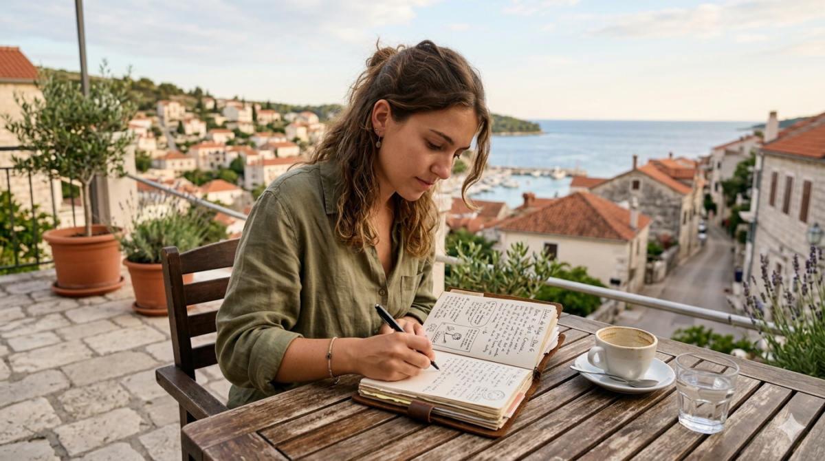 mujer viajera escribiendo en un diario de viaje