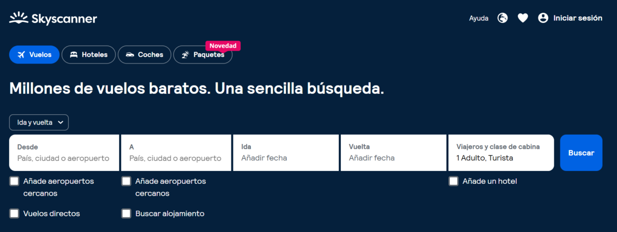 Imagen página web de Skyscanner para buscar vuelos