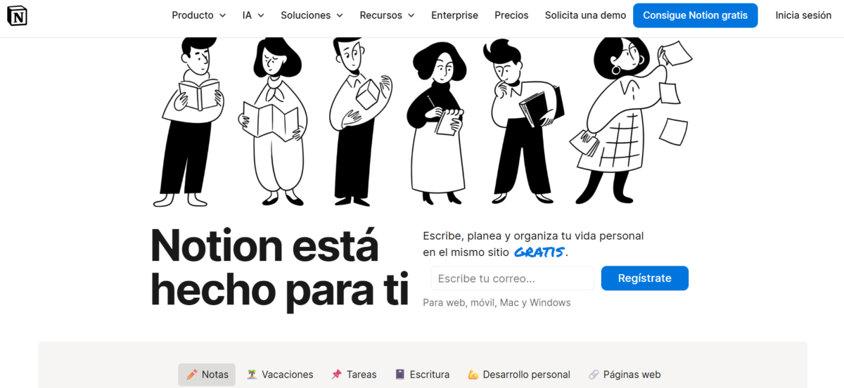 página web de Notion para planificar plantillas y guardar información de viajes