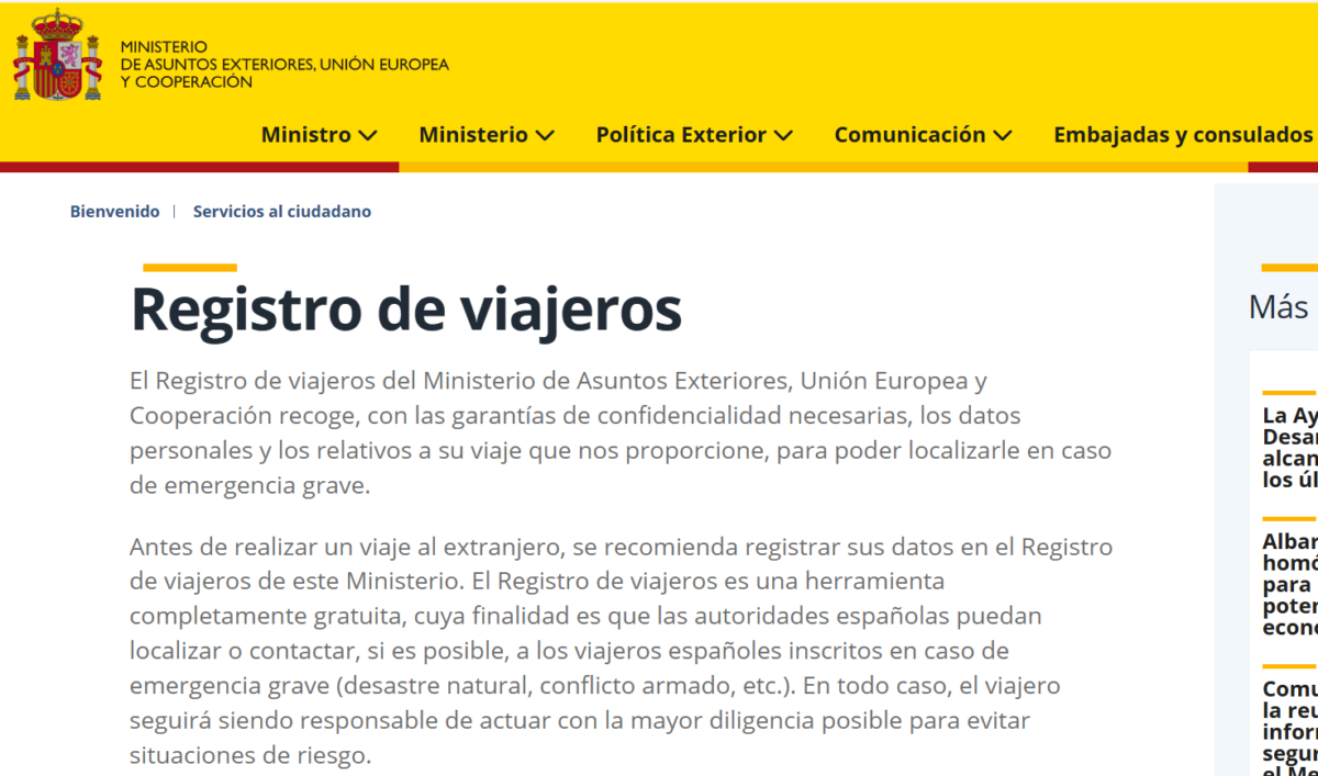 Página web del registro de viajeros del Ministerio de Relaciones Exteriores de España