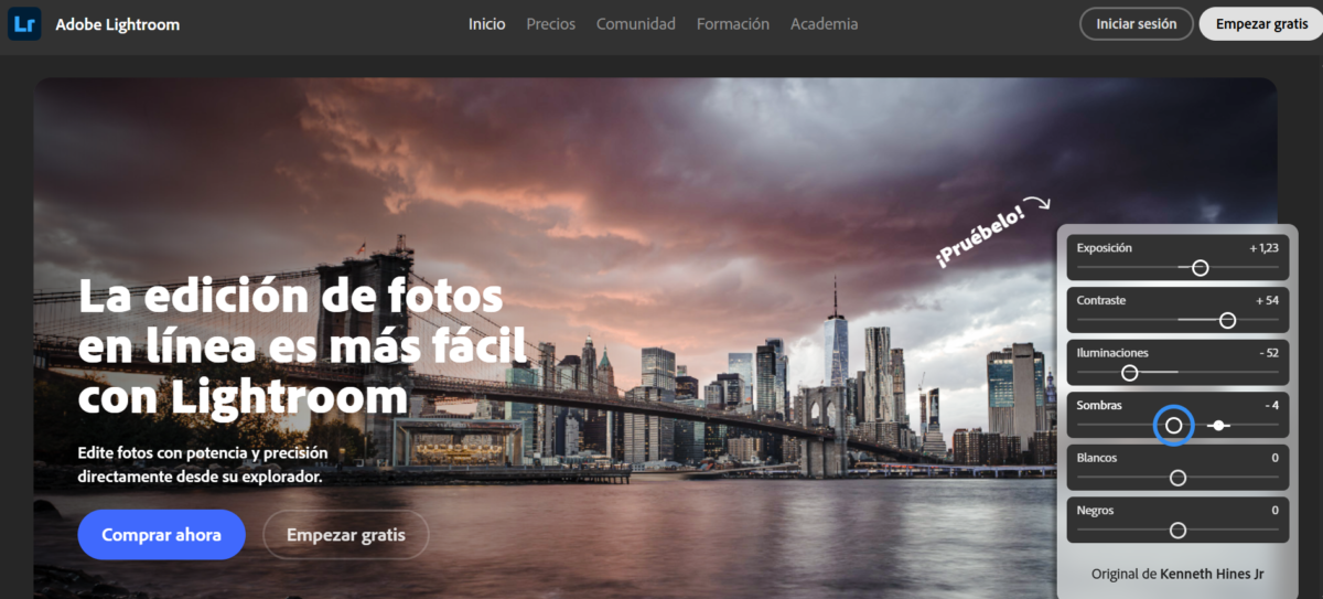 página web de Lightroom para edición de fotos