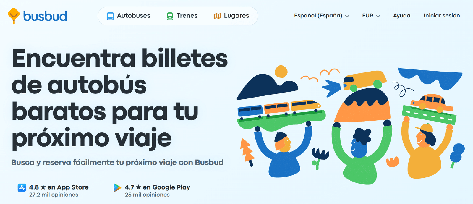 página de inicio de sitio web de Busbud para trayectos en autobús