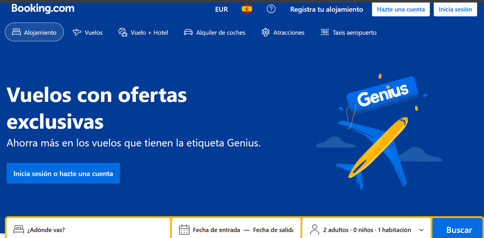 Homepage pagina web Booking para reserva de alojamiento