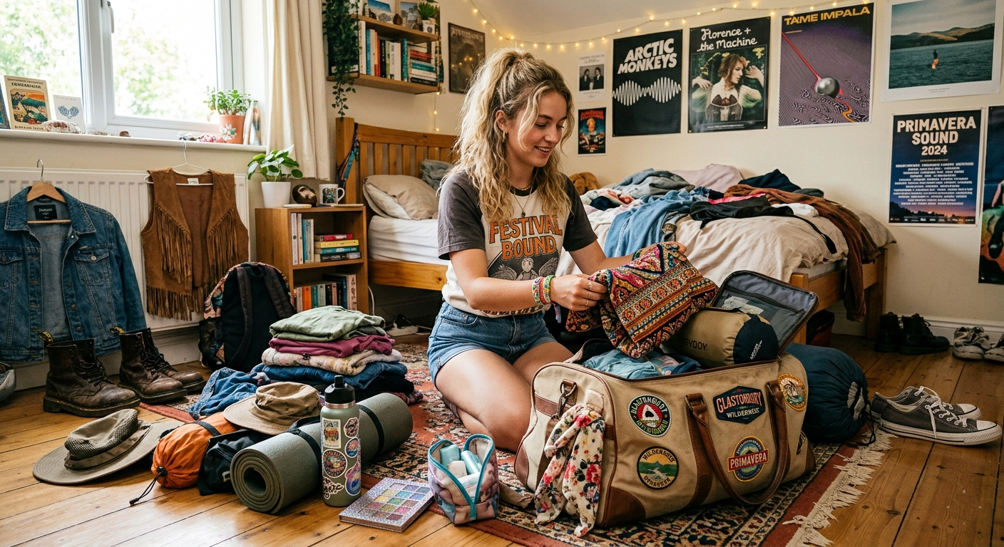 chica preparando equipaje para asistir a un festival de música