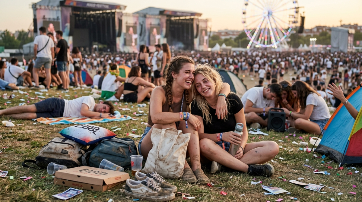 dos chicas cansadas en un festival de música