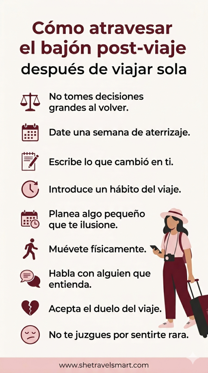 Imagen de infografía de cómo atravesar el bajón post viaje después de viajar sola