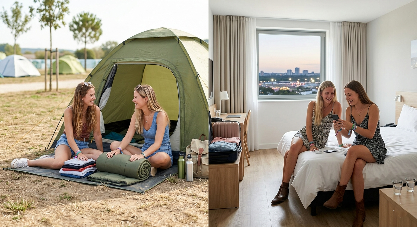 comparación chicas alojandose en un camping y hotel para asistir a festival de música