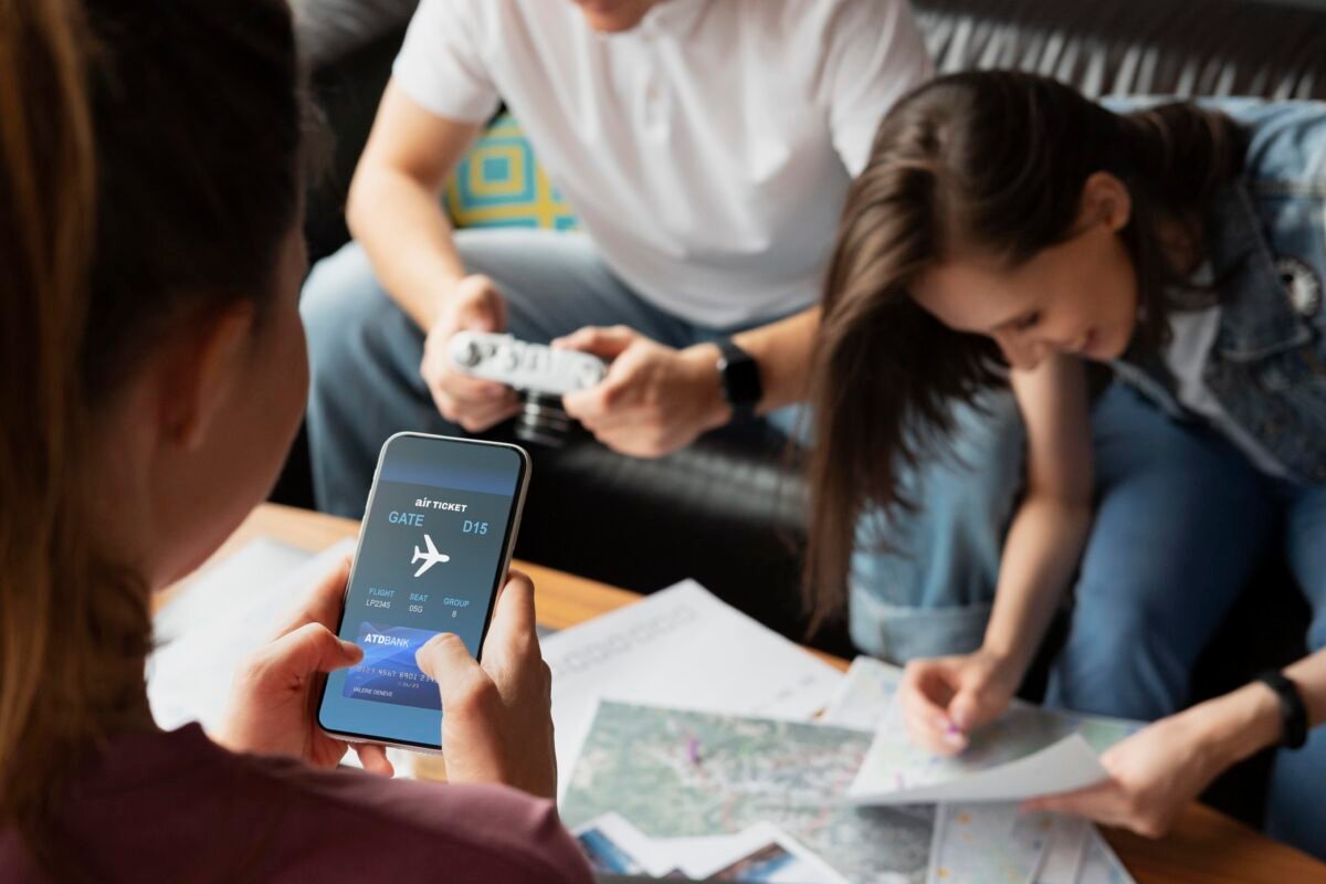 grupo de personas planificando un viaje con aplicaciones de viaje