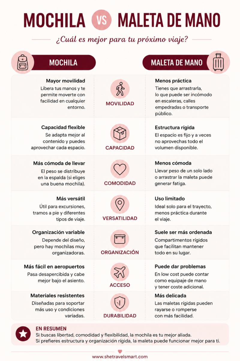 infografía comparativa sobre mochila vs maleta de mano