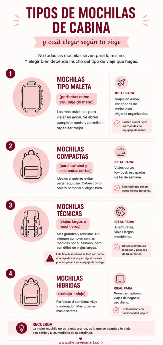 infografía comparativa tipos de mochila de cabina para viajar en avión