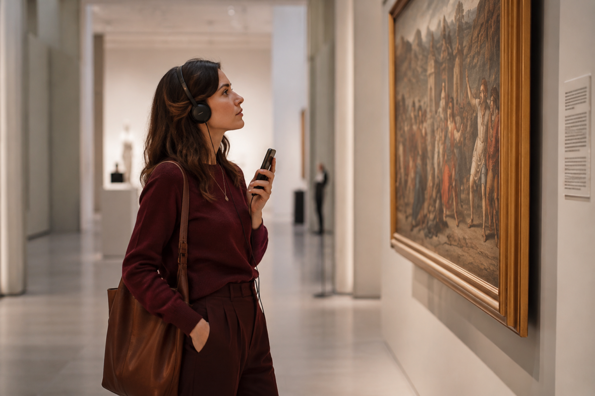 mujer viajera viendo una obra de arte y escuchando la explicación con audioguía