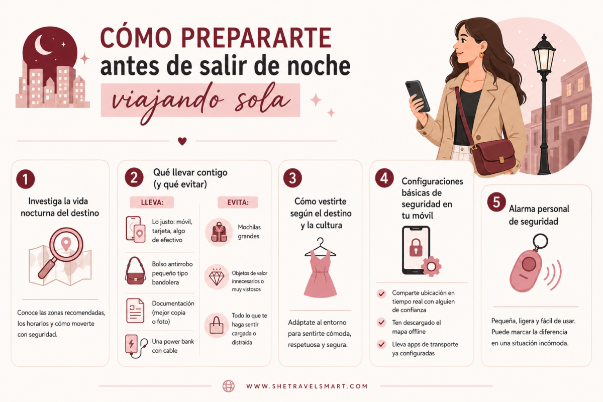 cómo prepararse para salir sola de noche cuando viajas