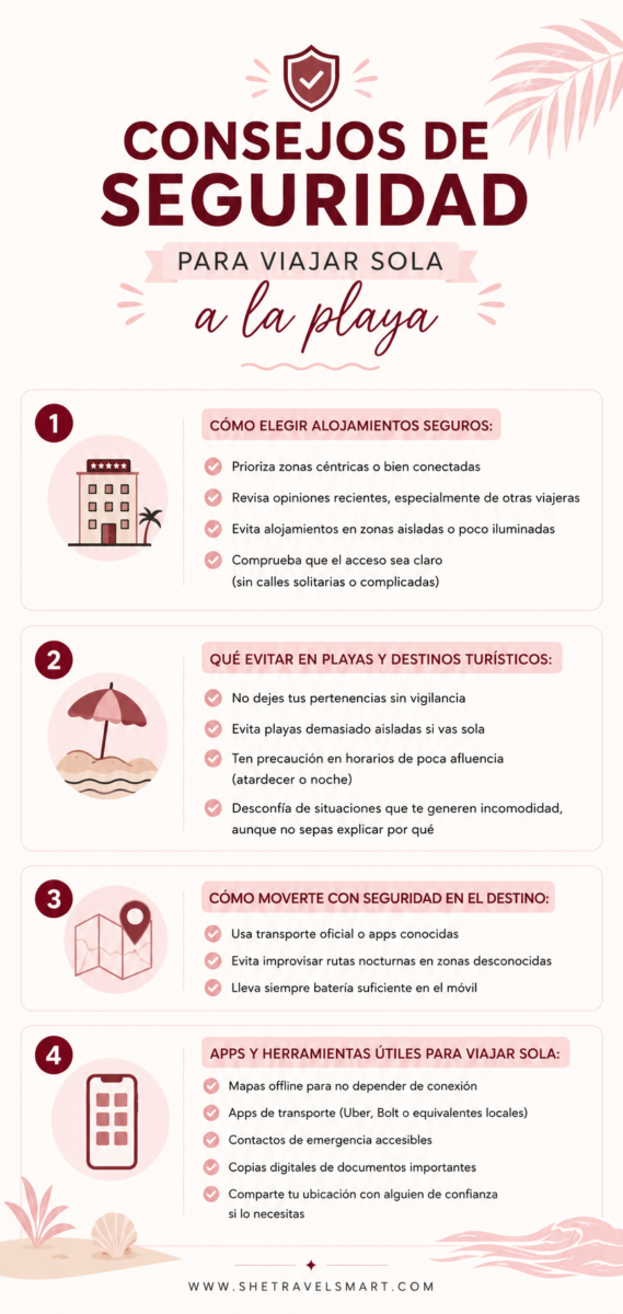 Infografía sobre consejos de seguridad para viajar sola a la playa en verano