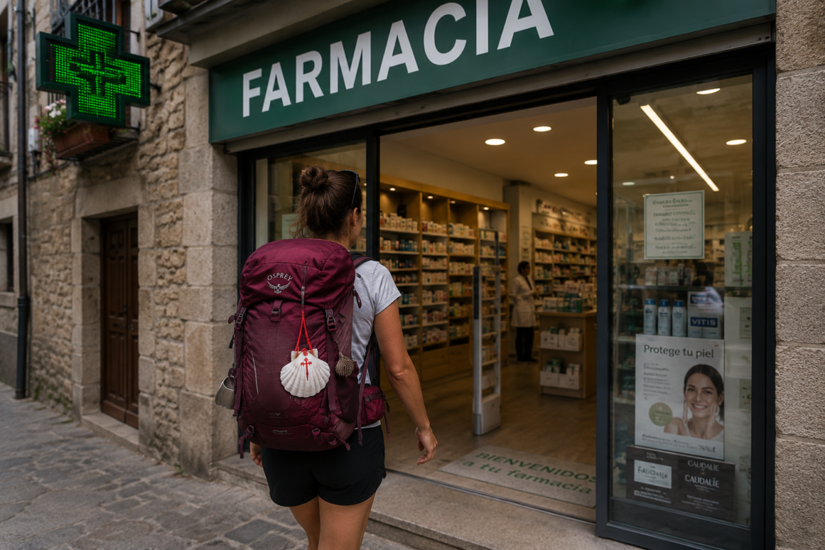 peregrina haciendo el camino de santiago entrando a una farmacia