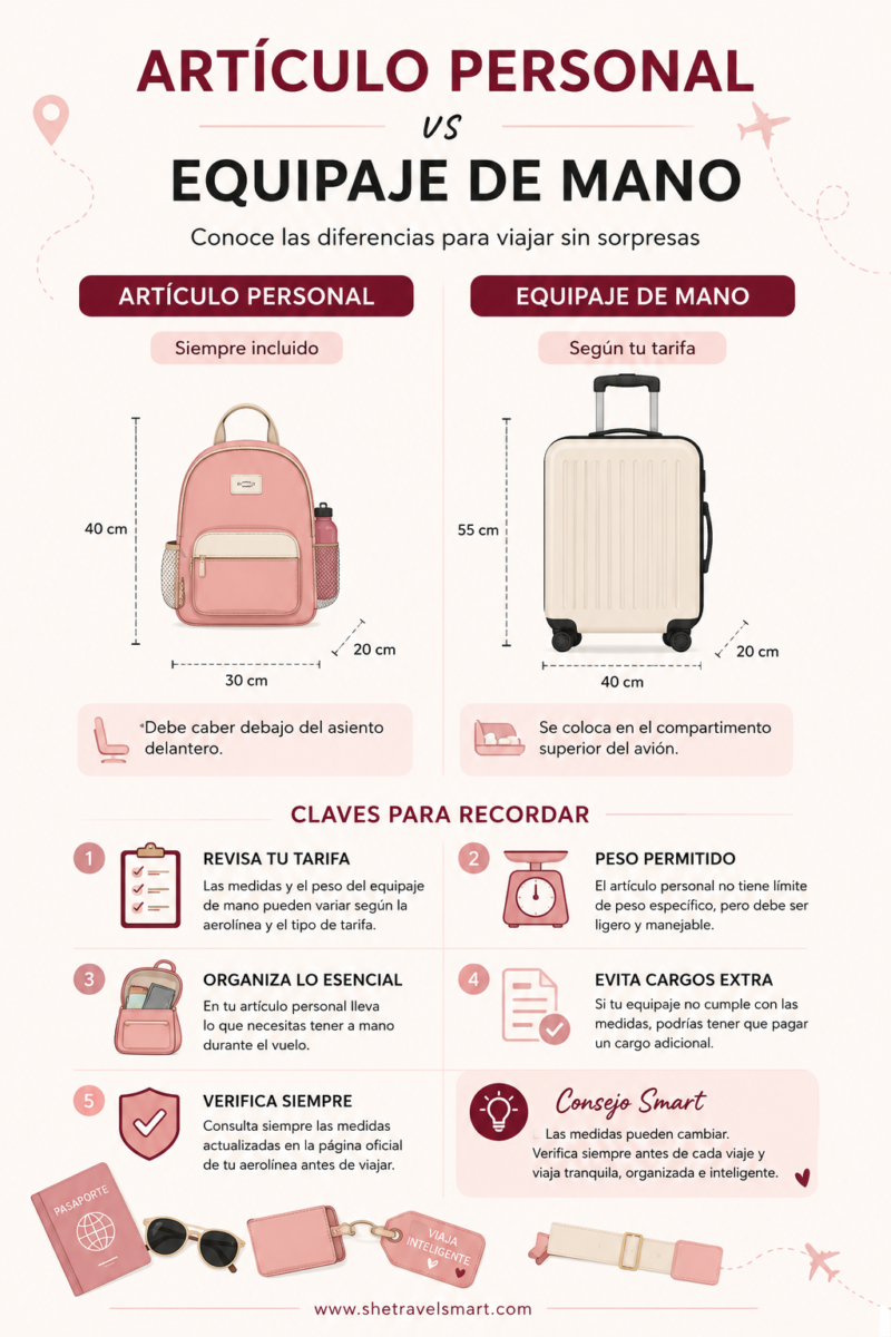 infografía sobre diferencias entre mochila de artículo personal y equipaje de mano