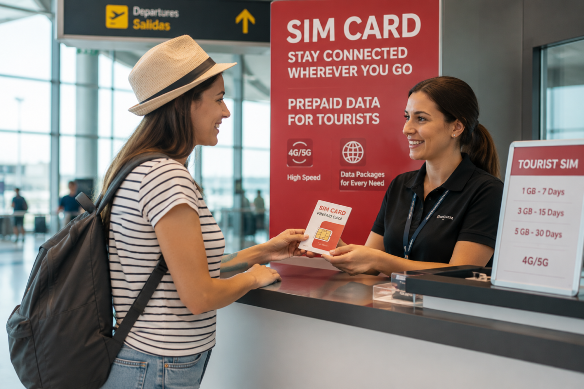mujer viajera comprando tarjeta SIM en aeropuerto