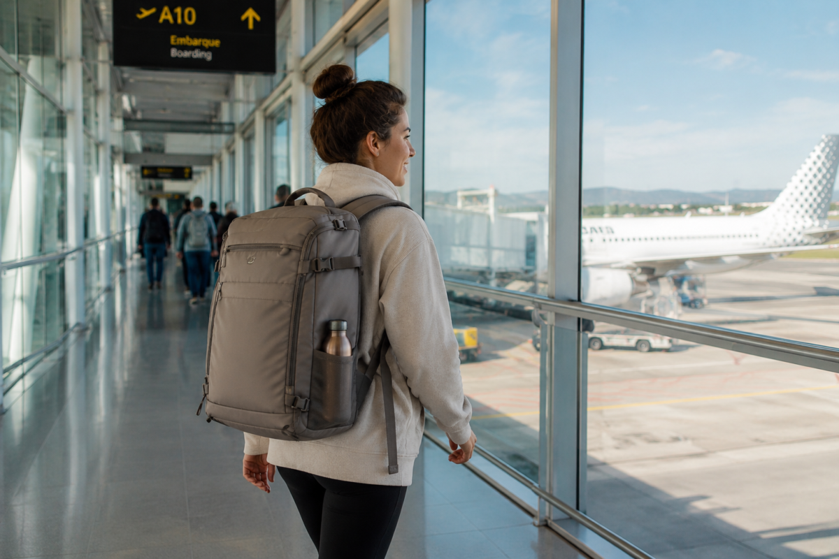 mujer viajera en aeropuerto con mochila de equipaje de mano