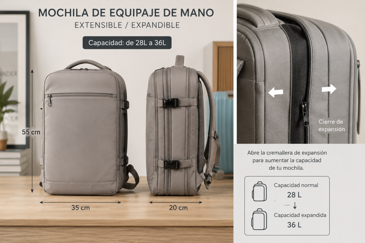 mochila expandible de equipaje de mano