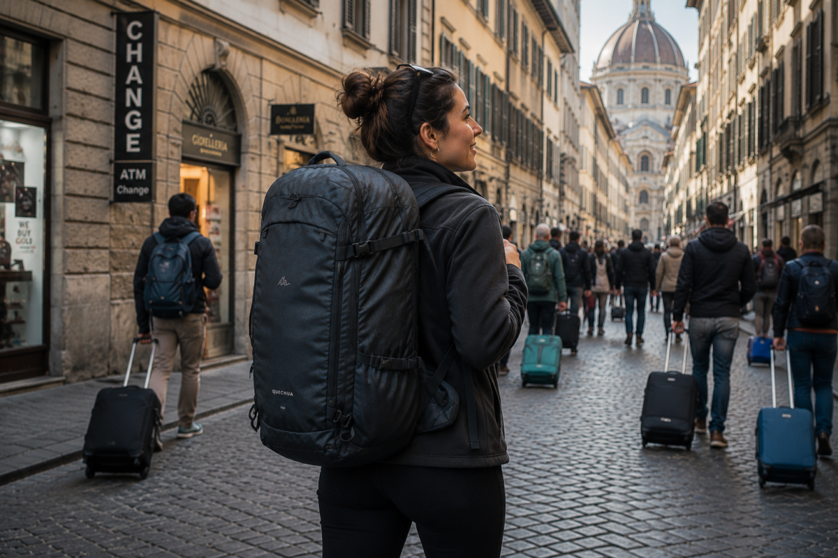 mujer viajera llegando a una ciudad con una mochila de equipaje de mano