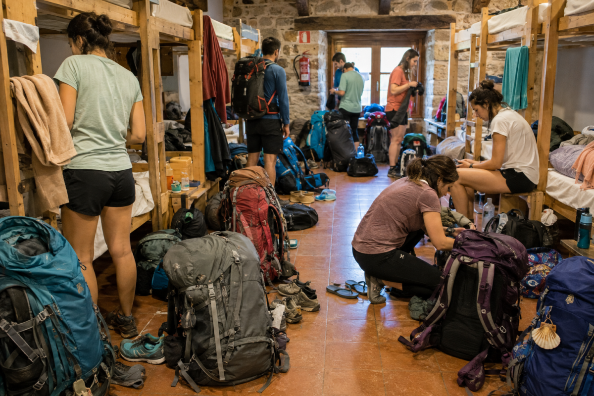 mochilas desordenadas ocupando espacio en un albergue del camino de santiago