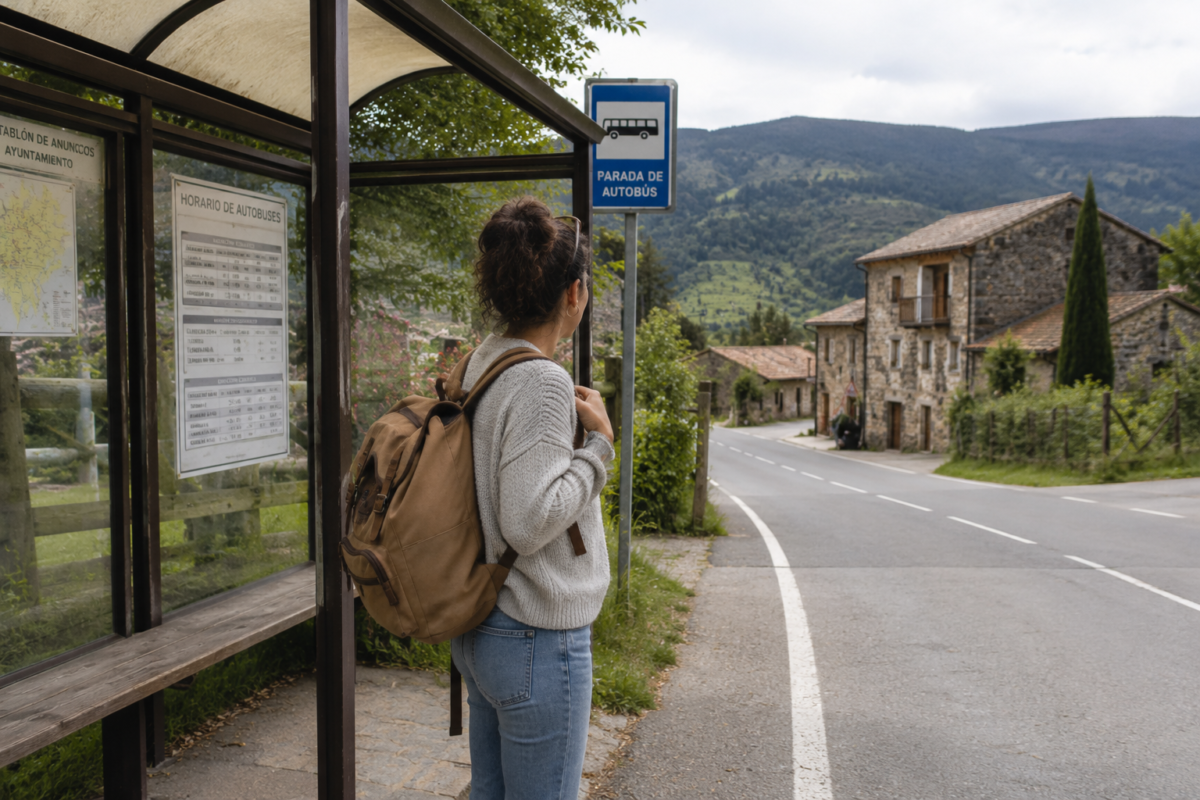 mujer viajera llegando en autobús a un pueblo rural