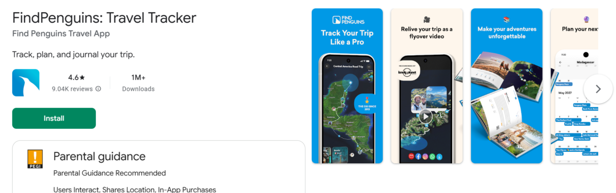 FindPenguins aplicación para registrar viajes