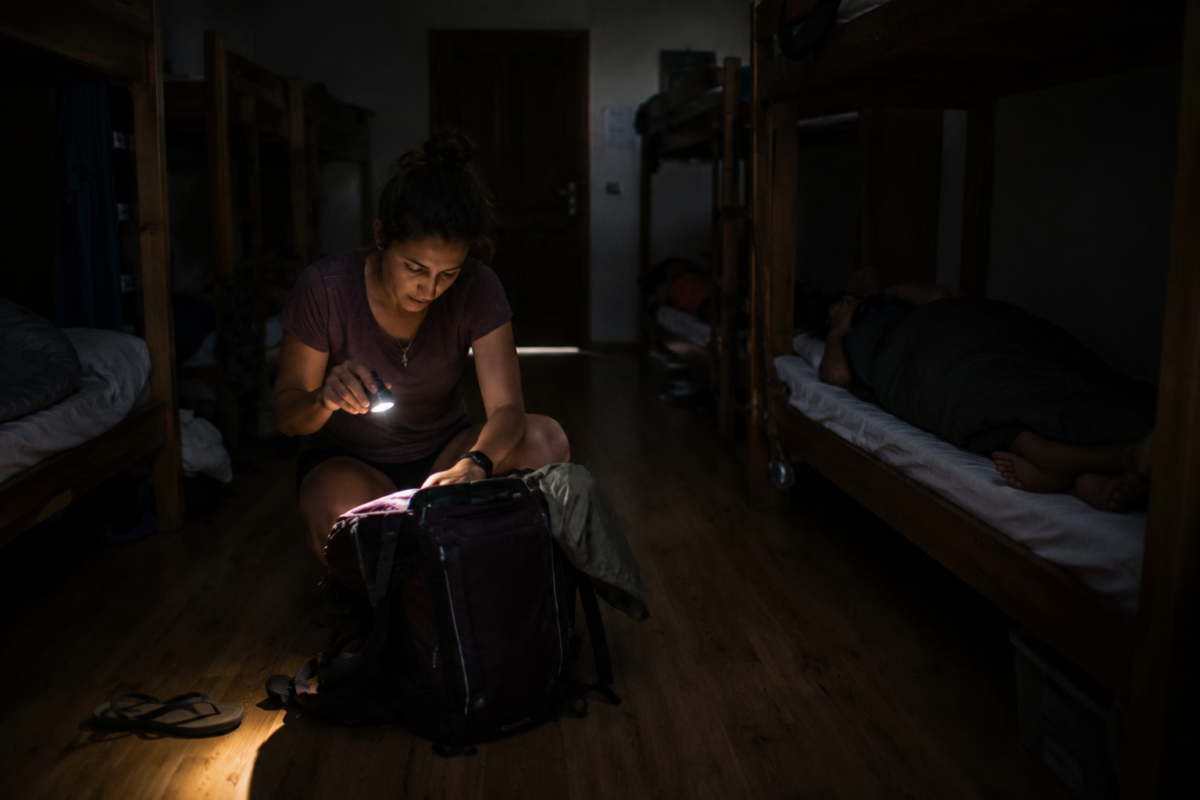 peregrina en dormitorio de albergue de camino de santiago