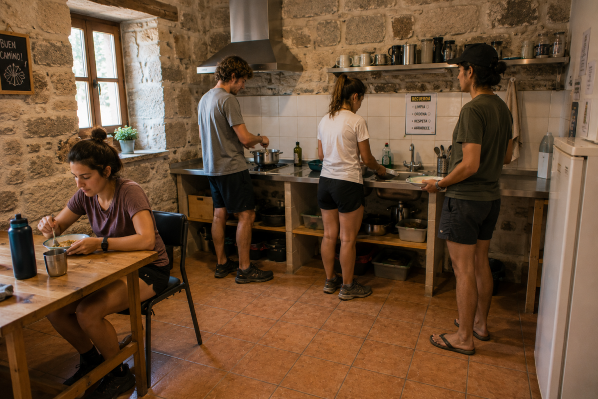 peregrinos cocinando en un albergue del camino de santiago