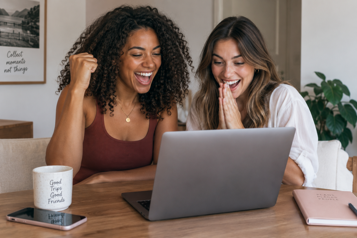 amigas viajeras celebrando el destino sorpresa