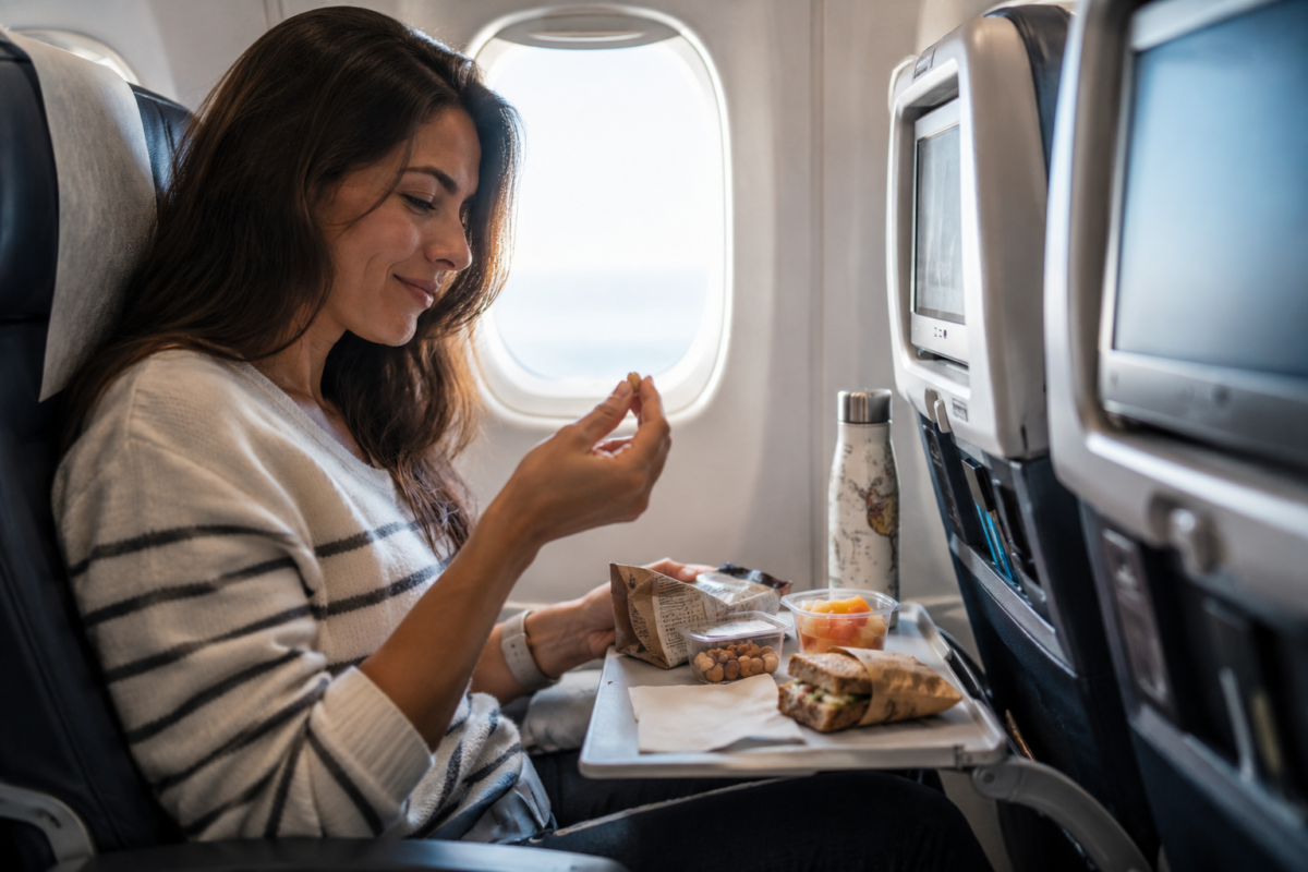 pasajera en su asiento de avión comiendo snacks
