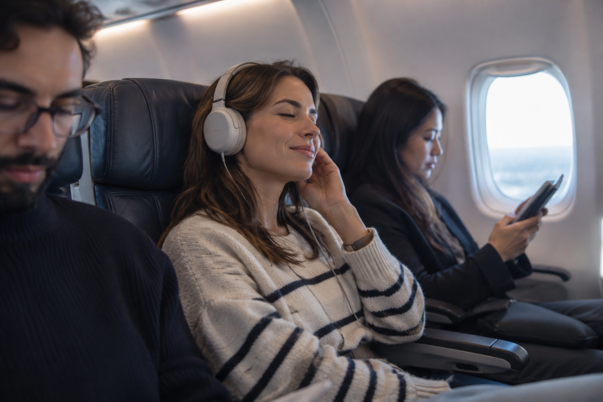 pasajera usando auriculares en el avión para escuchar musica